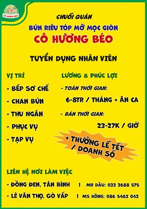 Nhà tuyển dụng QUÁN BÚN RIÊU CÔ HƯƠNG BÉO